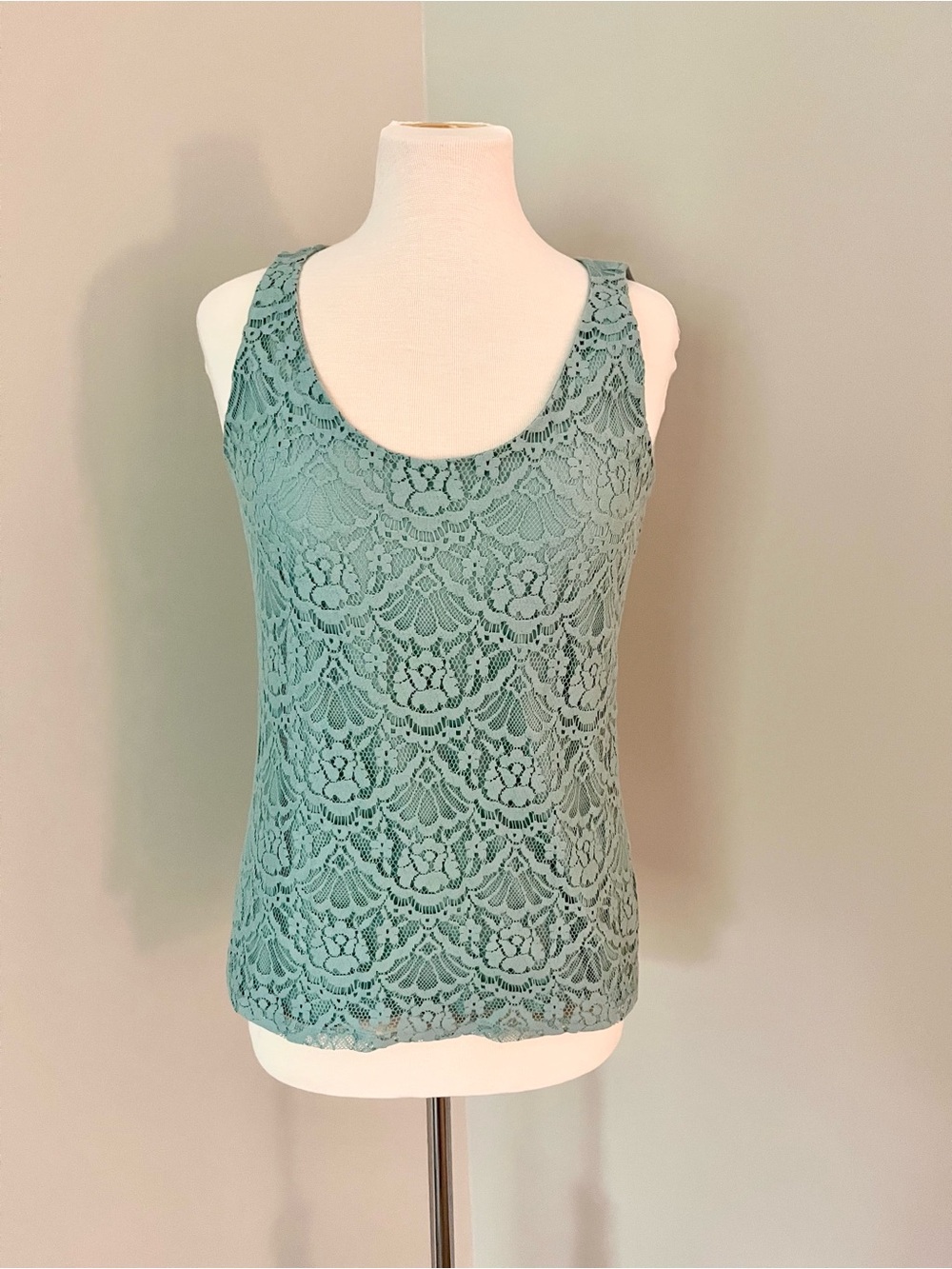 LOFT Soft Mint Floral Lace Scoop Tank, S